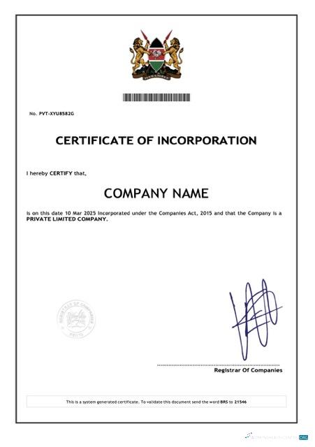 Download Kenya certificate of incorporation Word and PDF template Photoshop template